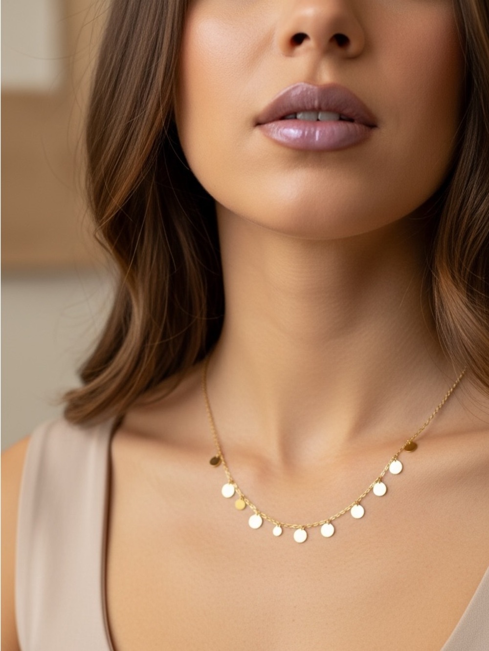 18k Gold Plated Minimalist Disc Charms Necklace. New.